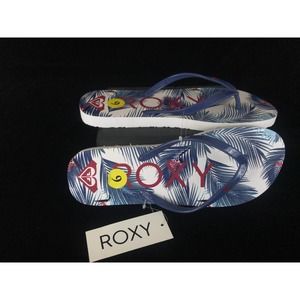 Women's flip flops sandals blue white red floral Roxy 9 New